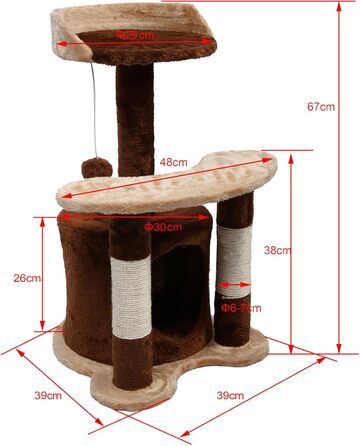 Дряпальня для котів Wiltec 67 см, чорно-біла з сизалю, платформа, будиночок та іграшковий м'яч, крізь котячий комплекс