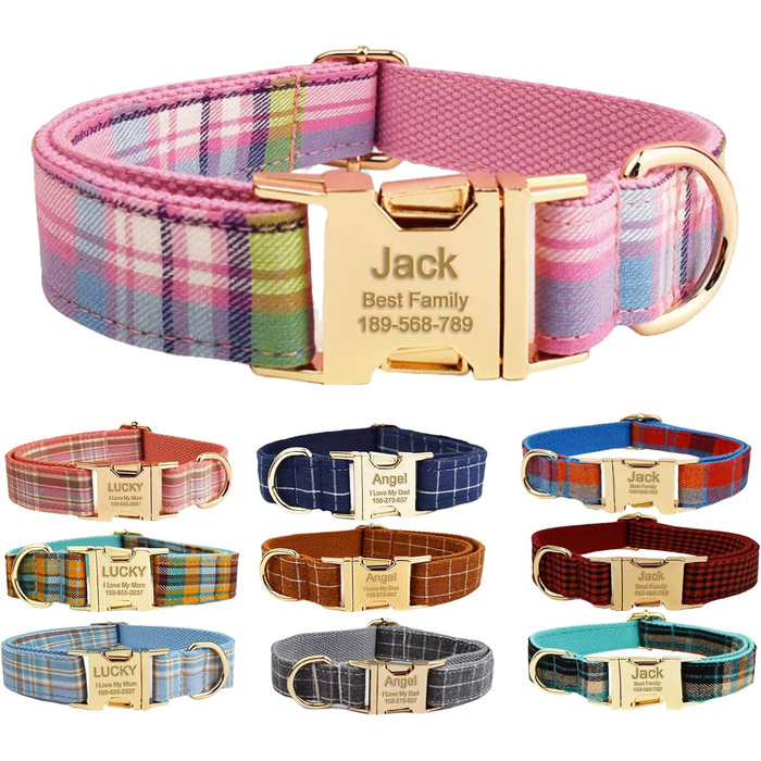 Персоналізоване собаче ошийник з металевою застібкою, двостороннє оксамитове ошийник з іменем та номером телефону, регульовані розміри для малих, середніх та великих собак (тартан)