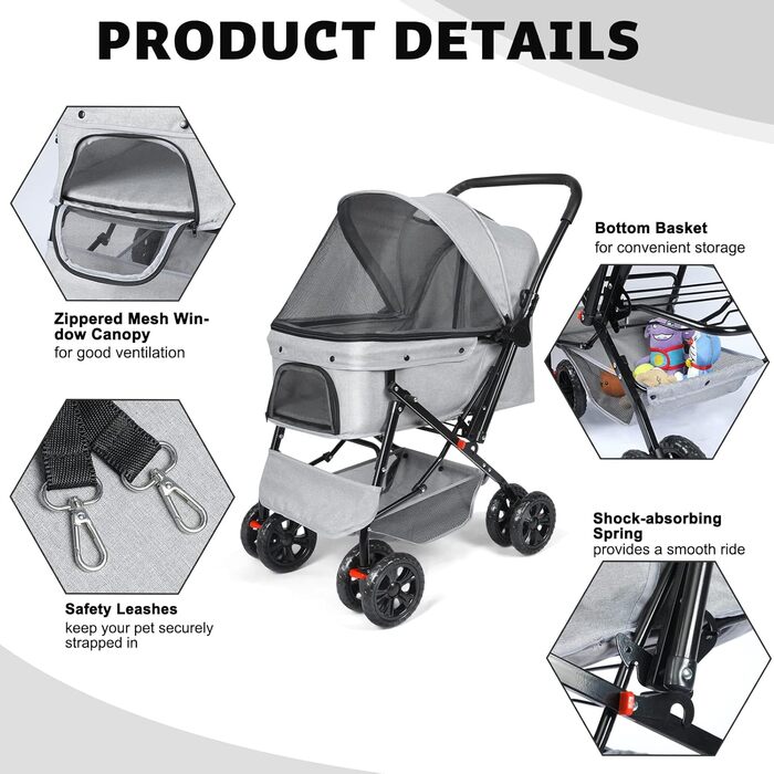 Візок для собак Wedyvko до 20 кг, 4 колеса, складний, для маленьких/середніх собак та котів, з кошиком та тримачем для напоїв, зелений (сірий)