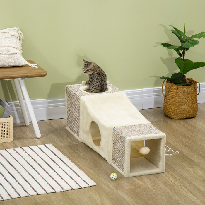 PawHut Котячий тунель з іграшкою Play Ball Cat, ігровий тунель Sisal, коричневий+бежевий, 98x30x30 см | Aosom