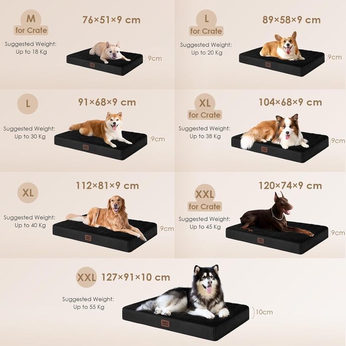 Ортопедичне ліжко для собак середніх порід EHEYCIGA, 89x58x9 см, чорне, з м'яким вкладишем, для переноски
