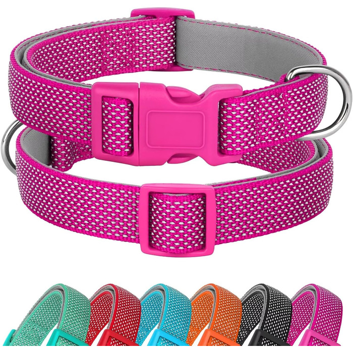 Світловідбиваючий нашийник для собак Didog з пряжкою, регульований, м'який неопрен, з підкладкою, нейлон, для малих, середніх та великих собак, L (M: Neck 25-43cm, Рожевий)