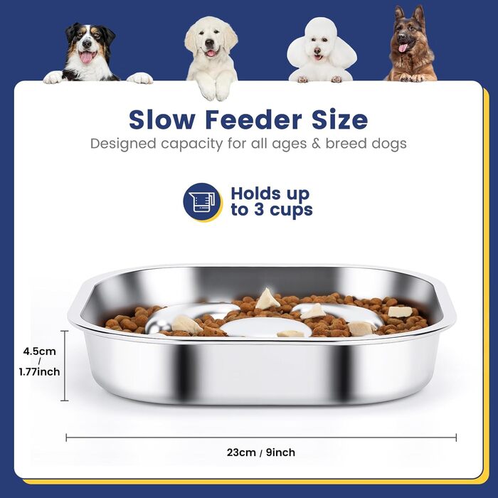 PETTOM Миска для собак протиковтання, нержавіюча сталь, Ø21 см, велика, повільне годування (23*23*4,5 см)