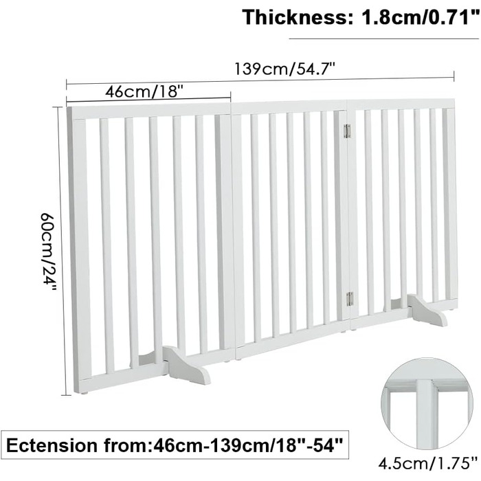 Захисне бар'єр для собак Fellie, дерев'яний, без свердління, 4 панелі (183x60 см) / 3 панелі (139x60 см), білий