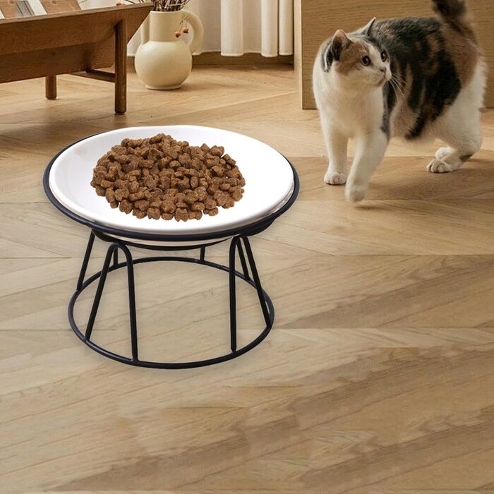 Підвищені миски для котів LOVIVER 2 шт. з кераміки, проти блювоти, захист шийного відділу хребта, антиковзні, на підставці (чорний)