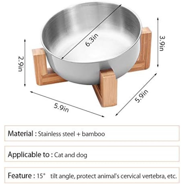 Миска для кормів домашніх тварин La La Pet, годівниця для собак та котів, нержавіюча сталь, бамбук, одинарна миска (срібна)