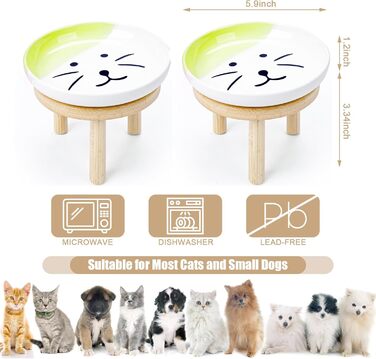 Набір мисок для котів з бамбуковим підставкою (2 шт.), 15 см, кераміка, зручні для вусів, зелені