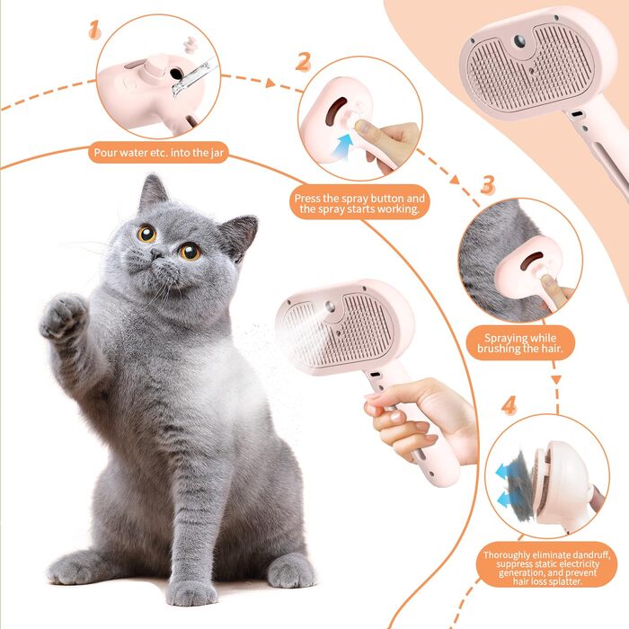 Щітка для котів RCIDOS зі спінером, багатофункціональна щітка-масажер для котів та собак, видаляє шерсть одним натисканням (рожева)