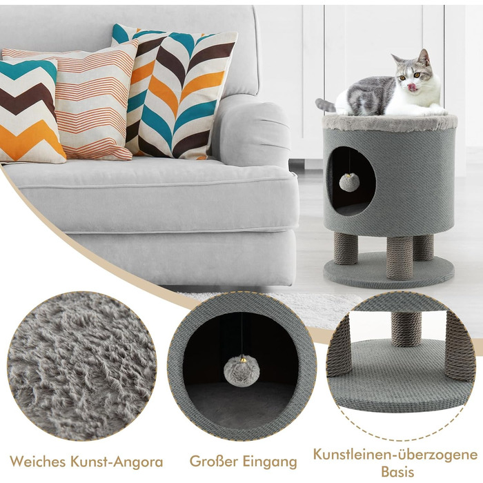 Драбина-кіготник для котів COSTWAY з будиночком та м'яким сидінням, сірий, 40x40x47 см