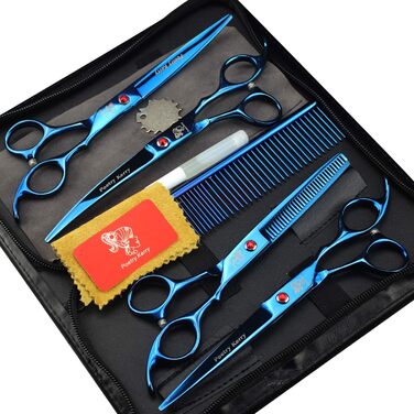 Набір для грумінгу тварин: 5 штук, 7 дюймів, для собак, котів, домашніх тварин. Включає ножиці, витончуючі ножиці, вигнуті ножиці, гребінець та чохол з шкіри.