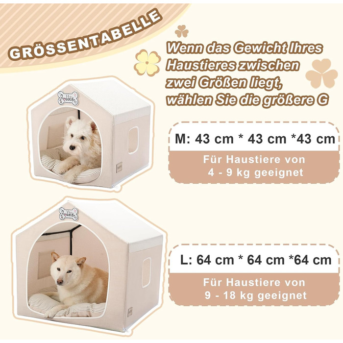 Будка для собак Jiupety, внутрішня, розкладна, для собак 4-9 кг, розмір M, 43x43x43 см, бежева