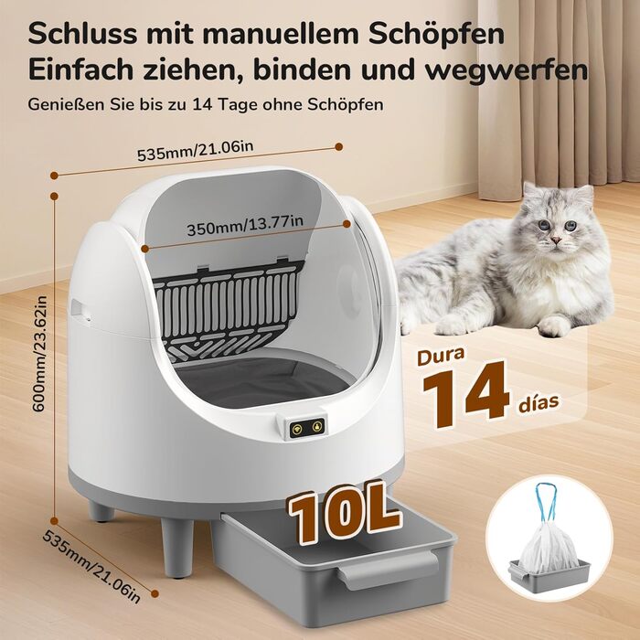Автоматичний лоток для котів з самоочищенням, з датчиком безпеки, керуванням через додаток та видаленням запаху, великий об'єм, для кількох котів XXL