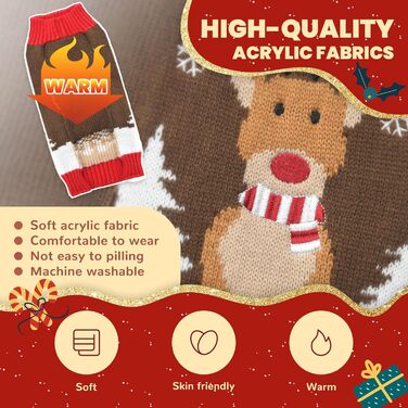 Пуловер для собак у стилі вінтаж, теплий і святковий: Різдво, Хелловін, Олень. Підходить для дрібних, середніх та великих собак (X-Large, коричневий)