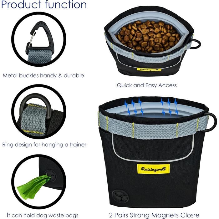 Сумка для ласощів для собак, багатофункціональна сумка для прогулянок з силіконовим кишеньком, мішок для корму для дресирування собак та дозатор ласощів, ідеальна для активного відпочинку на природі (Чорний 4 чашки) (1. Чорний 2 чашки)