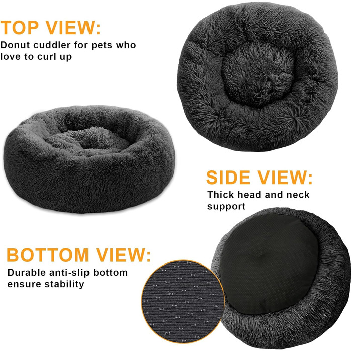 М'яке ліжко для собак та котів у вигляді пончика, плюшеве, кругле, 58 см, темно-сіре