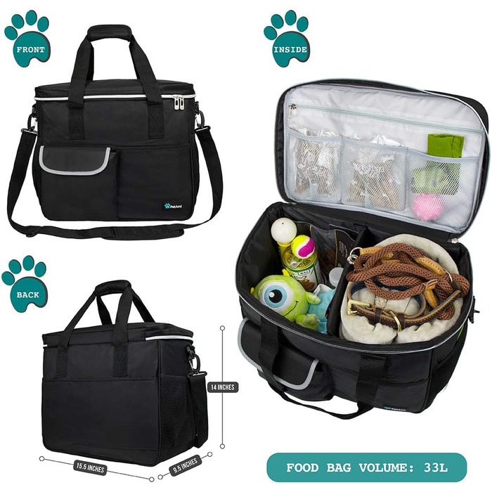 Чорна сумка-органайзер для собак та котів PetAmi: переносна сумка з мисками та контейнером для корму, ідеальна для подорожей та кемпінгу (37x20x30 см)