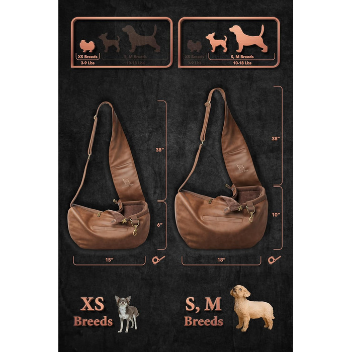 Сумочка для собак Noah & Paw для маленьких собак до 5 кг, з регульованим плечовим ременем та м'яким хутром, 3 системи безпеки, переноска для тварин з веганської шкіри (колір коричневий, розмір L 38 x 15 x 14 см)