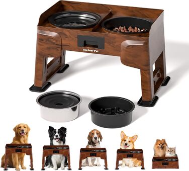 Підвищена годівниця для собак Gardner, 2-в-1: миска для води без розливання та миска для повільного годування з регульованою висотою, 5 рівнів, протиковзна годівниця для середніх та великих собак
