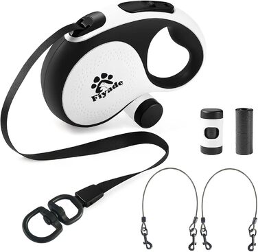 Висувна собача повідка, 5 м: повідка з двома карабінами, повідка для 2 собак, подовжена повідка для собак середніх та великих порід до 50 кг, білий та чорний колір