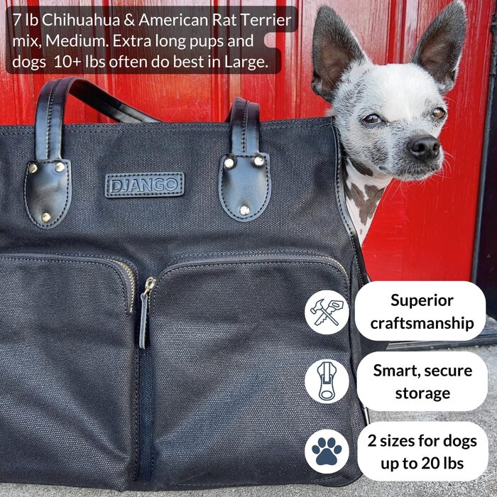 Сумка-переноска для собак DJANGO - чорна, велика, з міцної тканини вощенного канвасу та шкіри, з поворотком-поводком та надійними кишенями