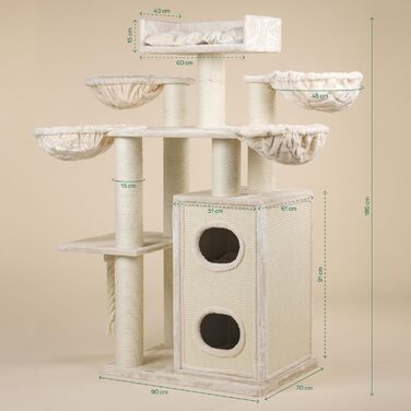 Дерево для великих котів RHRQuality Cat Paradise Plus з когтеточкою, люкс ложе, стовпи Ø15 см, кремове