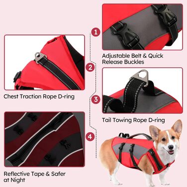 Жилет рятувальний для собак CITEKOILE з ручкою та світловідбиваючими елементами, регульований, для малих, середніх та великих собак, міцний, для водних видів спорту, плавання та катання на човні, червоний, XS, червоний