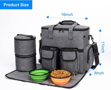 Сумка-переноска для собак Modoker, схвалена авіакомпаніями, органайзер для домашніх тварин з плечовим ременем, 2 контейнери для корму для собак, 2 складні миски для собак, темно-сірий