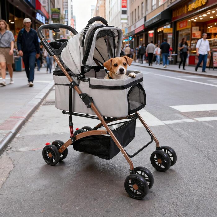 Дитяча коляска для тварин Homewell, сіра, до 20 кг, з відкидним кошиком, сіткою, ременями та тримачем для напоїв