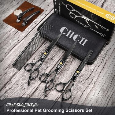 Набір професійних ножиць для грумінгу собак CIICII 10-в-1 з безпечними закругленими кінцями (для собак, котів, тварин). Підходить для стрижки, прорізування та формування шерсті. Срібно-чорний колір.