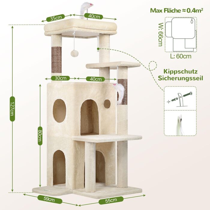 Дерев'яний комплекс для котів Globlazer з будиночком, платформами та іграшками, 127 см, бежевий (XL)