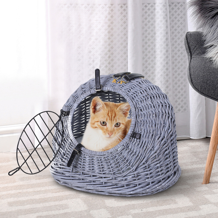 PawHut Транспортна коробка для котів та собак Плетений кошик Печера з сіткою, сіра, 47x35x35 см | Aosom