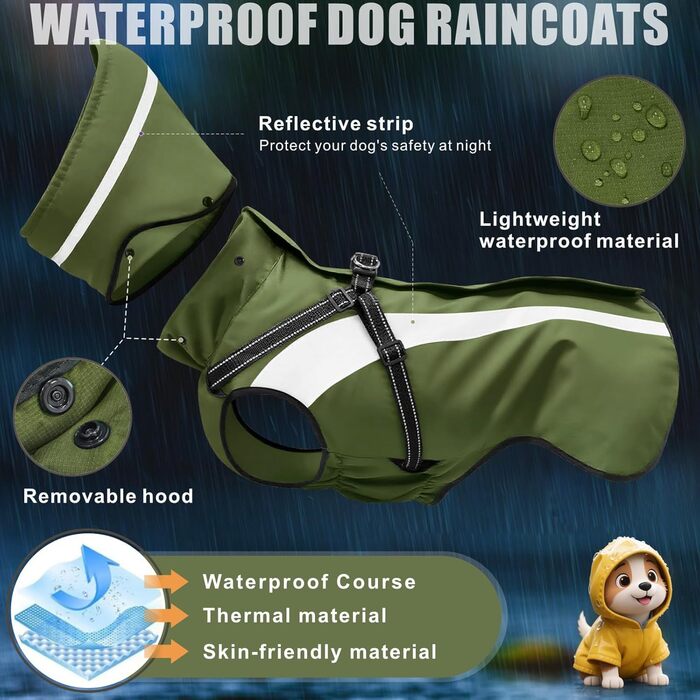 Водонепроникний дощовик для собак Oslueidy, з капюшоном, для малих, середніх та великих собак, цуценят, S-XXL (Зелений, L)