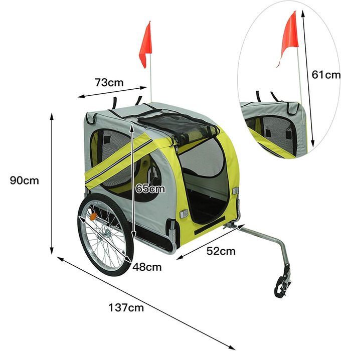 Складаний велозачіп для собак, Oxford-тканина, з ременем безпеки та прапорцем (137x73x90 см, жовто-сірий)