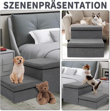 Сходинка для тварин OUUTMEE на 2 сходинки, складана, з місцем для зберігання, сірого кольору. Підходить для собак, котів, літніх тварин. Максимальне навантаження: 30 кг.