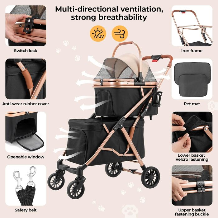 Візок для собак Mamizо 4 в 1, чорний, для 2 тварин до 15 кг, з переносною сумкою та колесами PU