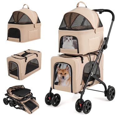 Візок для собак GOPLUS 3 в 1, візок-переноска з 2 знімними відділеннями, сітчастими віконцями, кріпленням на липучках, колесами з гальмом, знімними подушками, візок для подорожей з собаками та котами (Бежевий)