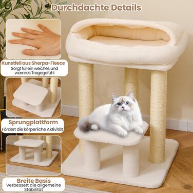 Дерев'яний кігтеточка для котів COSTWAY Klein, 61 см, білий. З м'якою лежанкою, великою основою та сизалевими стовпчиками. Кліматичний комплекс для котів, ігровий центр.