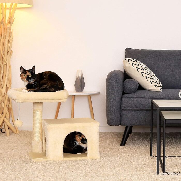 Кігтеточка для котів Lionto з лежаком та гніздечком, 50 см, з іграшкою, мотузкою та плюшем, підходить для кошенят та дорослих котів, бежева