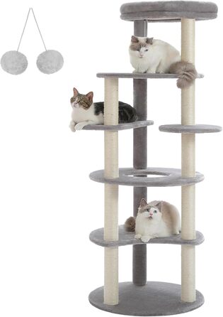 Котячий комплекс PETEPELA 154,9 см для дому, 6 рівнів, 9 сизалевих стовпів для дряпання, знімний м'яч, верхня лежанка, бежевий