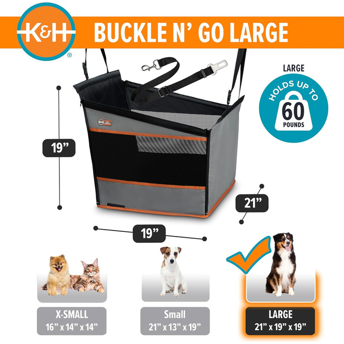 Автокрісло для собак K&H Pet Products Buckle N' Go, велике, сіре, 53 x 48 x 48 см