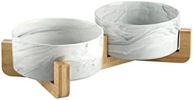 Миски для собак SP SEMPRE з кераміки з бамбуковими підставками, набір з двох мисок (13,5 см, білий мармур)