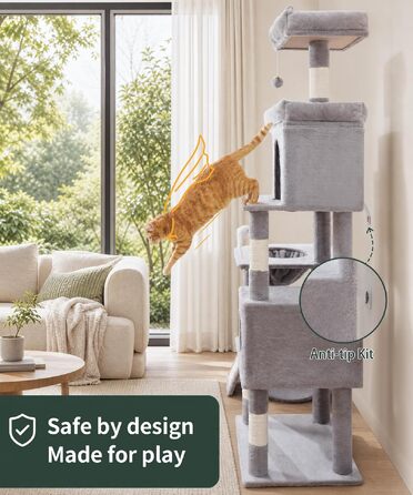 Комплекс для котів Kratzbaum XL 173 см, сірий: будиночок, платформа, дряпка, іграшки