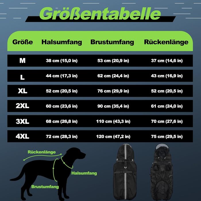 Водонепроникна куртка для собак OUOBOB з відбиваючими смугами, нагрудник H-подібної форми (D-кільце) та знімний капюшон з візором, ідеально підходить для середніх/великих собак [Неоновий зелений, розмір] Зелений (3XL, Чорний)
