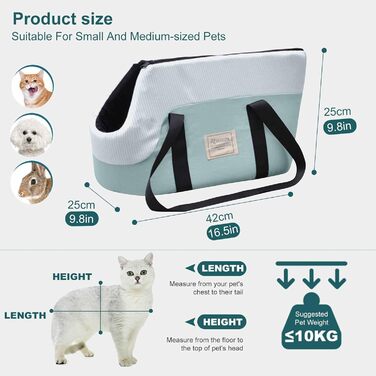 PETCUTE Сумка-переноска для собак, дихаюча, з ременем безпеки та знімним підкладом, до 10 кг, для собак, котів (світло-зелена)