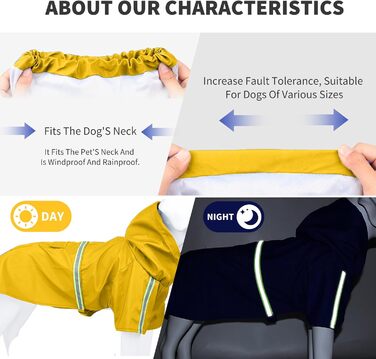 Дощовик для собак PETCUTE з капюшоном, непромокаючий, з світловідбиваючими смугами, регульований, з отвором для нашийника, для малих, середніх та великих собак (M, жовтий)
