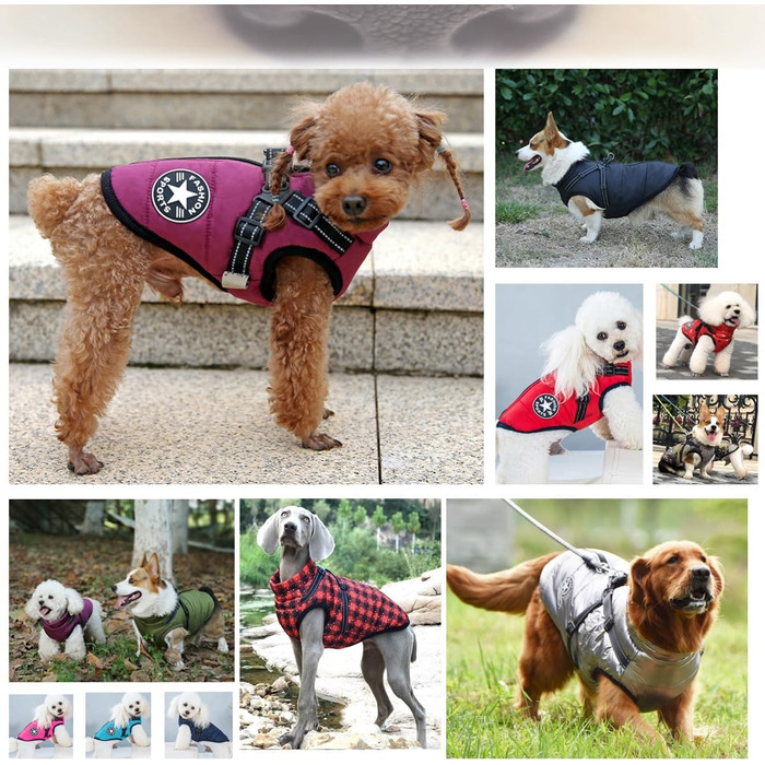 Водонепроникна зимова куртка для собак з інтегрованим шлейкою, зручна та регульована, з відбиваючими елементами. Підходить для маленьких та великих собак.