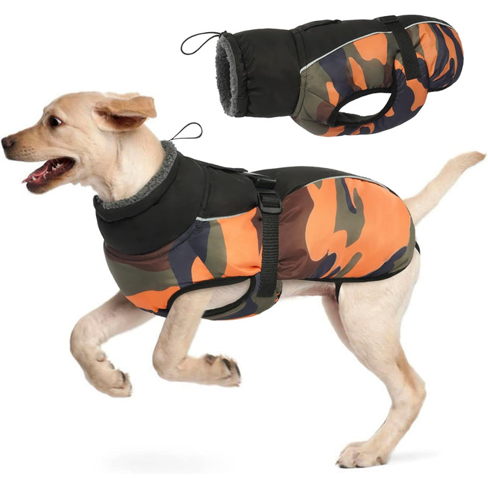 Водонепроникний зимовий одяг для собак - тепла куртка для собак, одяг для маленьких, середніх та великих собак, водонепроникний пуловер з безпечними світловідбиваючими смугами для Лабрадорів, Чихуахуа, Французьких бульдогів, помаранчевий камуфляж