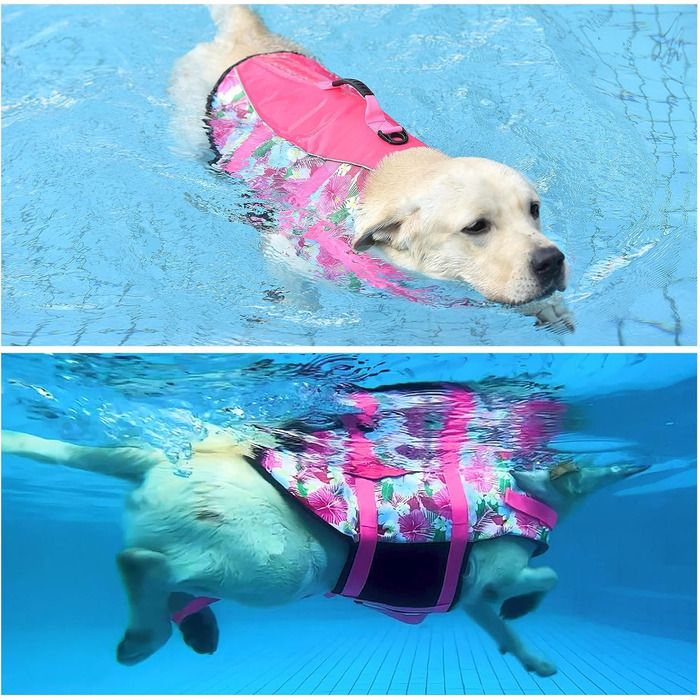 Світловідбиваюча жилет для плавання собак Hawaiian Sports Style, жилет для собак з ручкою для рятування, регульований жилет для цуценят, середнього, великого розміру, квіти + рожевий