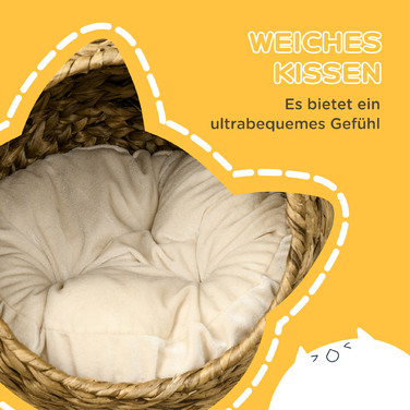 PawHut Rattan Cat Basket Ліжко для кішок з подушкою 42x33x52см з водного гіацинта, зручне & світло-коричневе для кішок