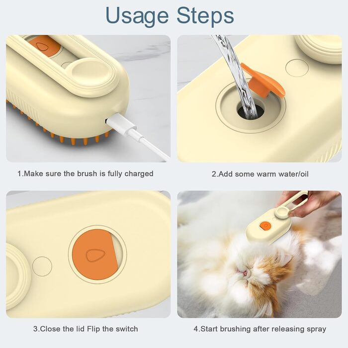 3-в-1 щітка для котів зі спреєм, акумуляторна парова щітка для котів, щітка для догляду за котами та собаками для масажу, видаляє шерсть, обробка помаранчевого кольору
